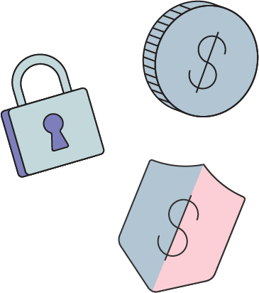 padlock, coin and shield with dollar sign