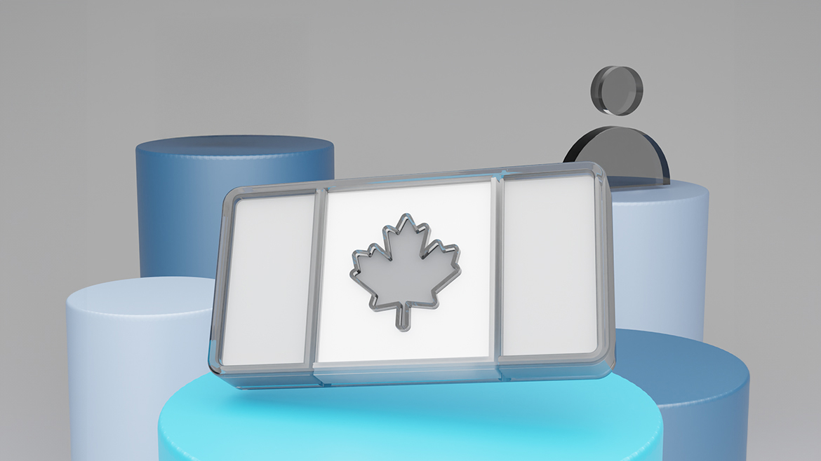 canada flag in gray and white and cylinders with a person icon on top of one