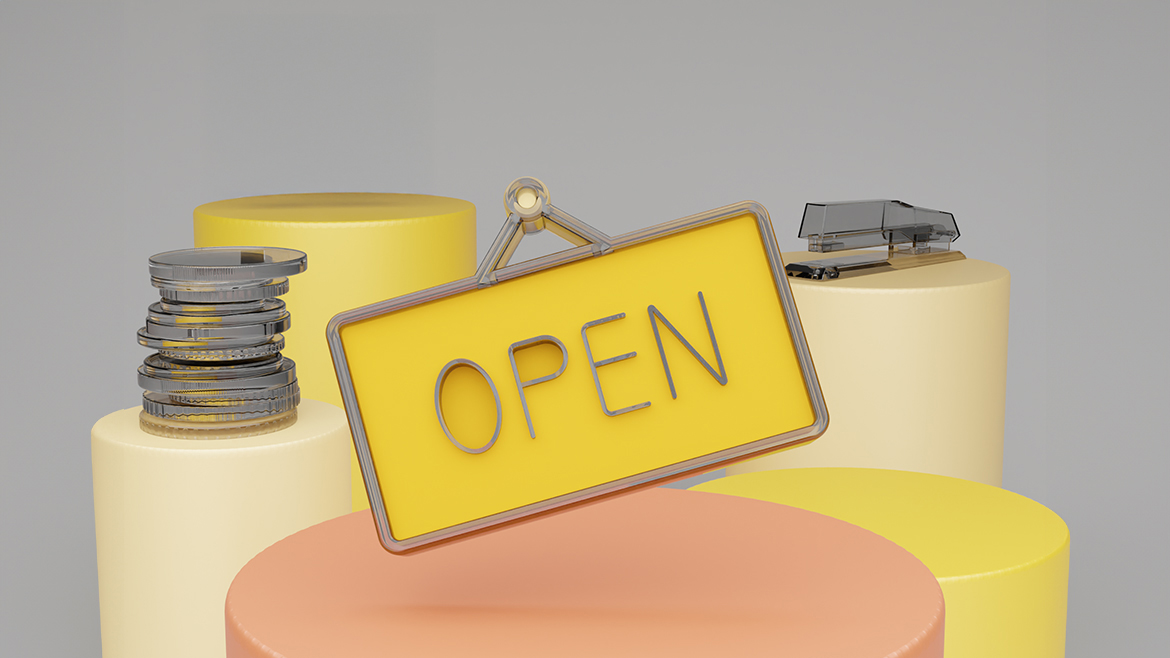 open sign, stapler and stack of coins