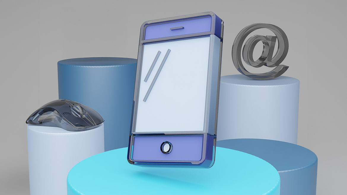 computer generated image of a cell phone, computer mouse and an at sign