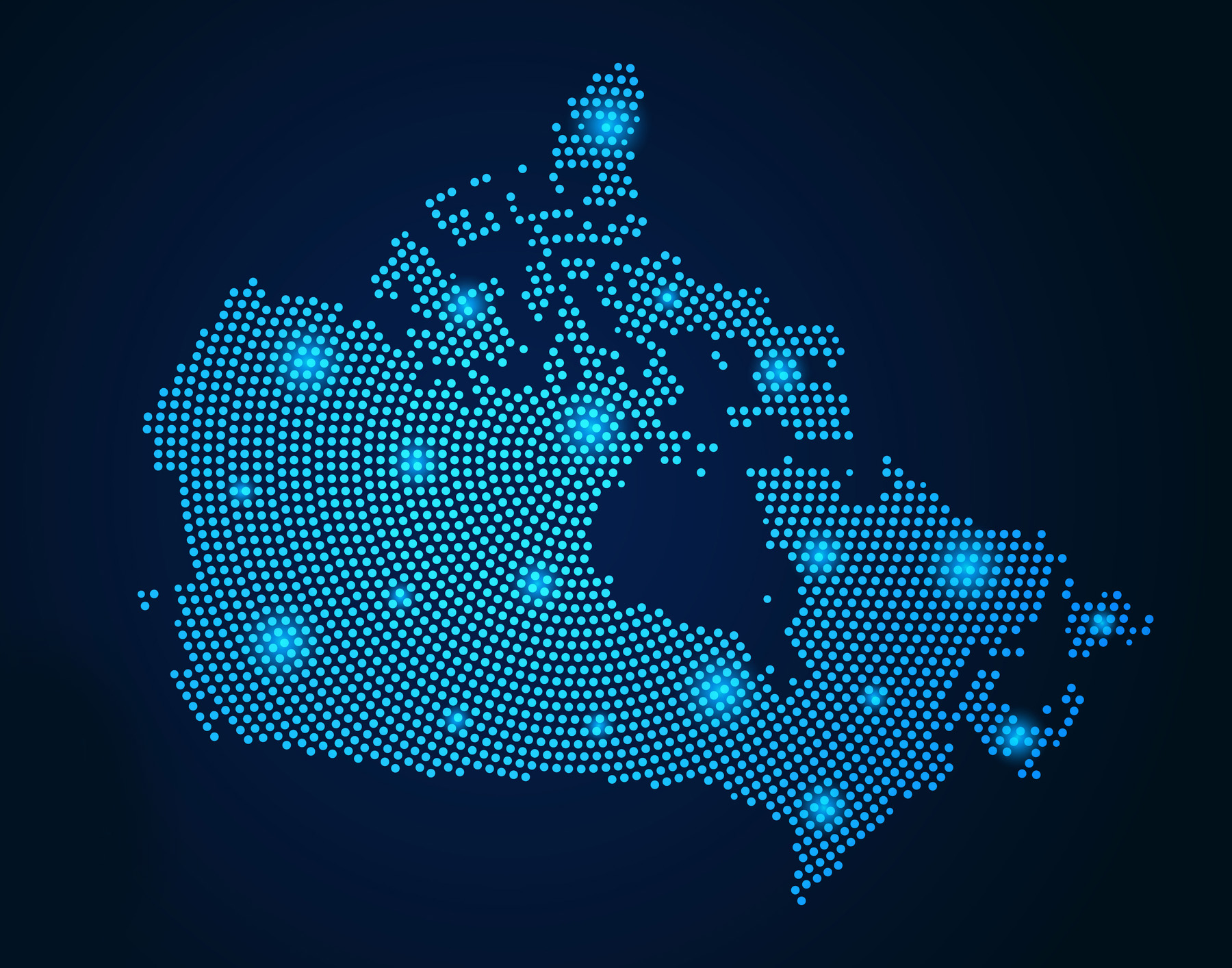 Abstract image Canada map from point blue and glowing stars on a dark background.