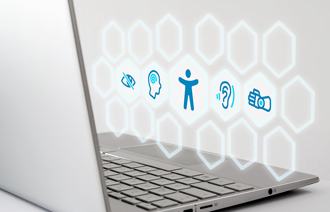open laptop with icons floating over top showing accessibility icons like an ear and an eyeball with a line crossing it out